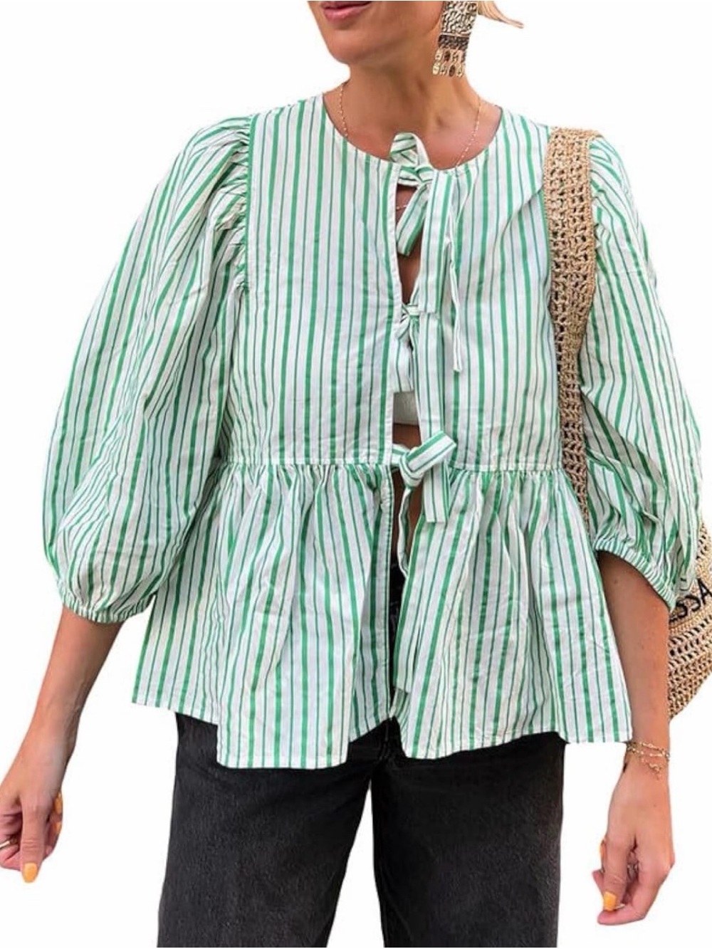 Green Striped tie-front babydoll blouse